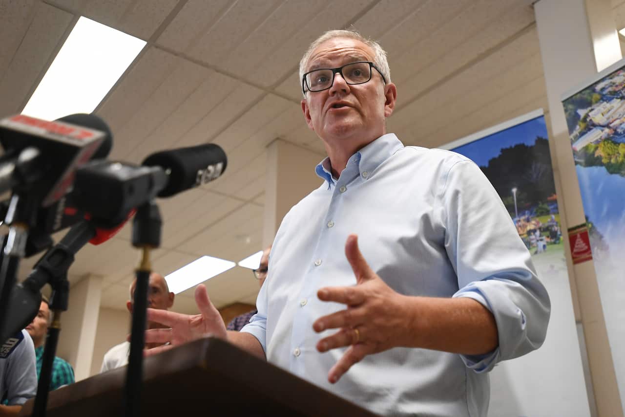 Prime Minister Scott Morrison is seen speaking at a press conference.