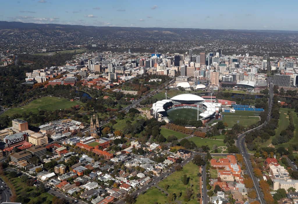 Aerial view of Adelaide with Adelaide Oval in foreground.