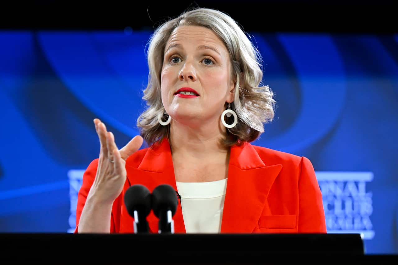 A woman standing at a lectern speaking in front of microphones.