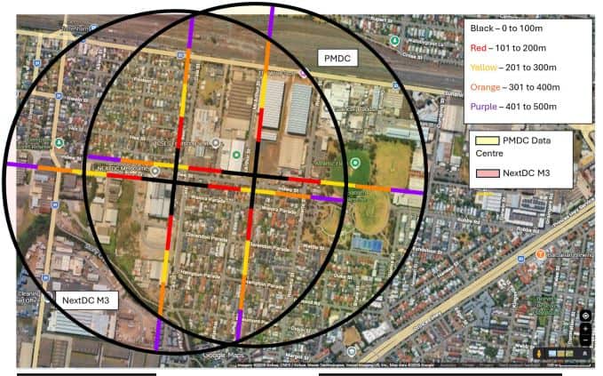 A map showing two data centres in West Footscray.