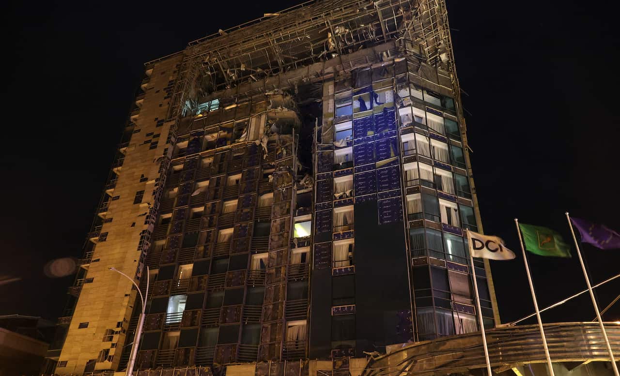 Damaged Kharkiv Palace Hotel following a Russian missile strike.