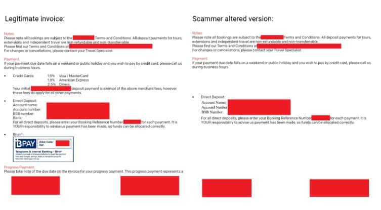 Screenshot showing a legitimate invoice and a scam invoice side by side