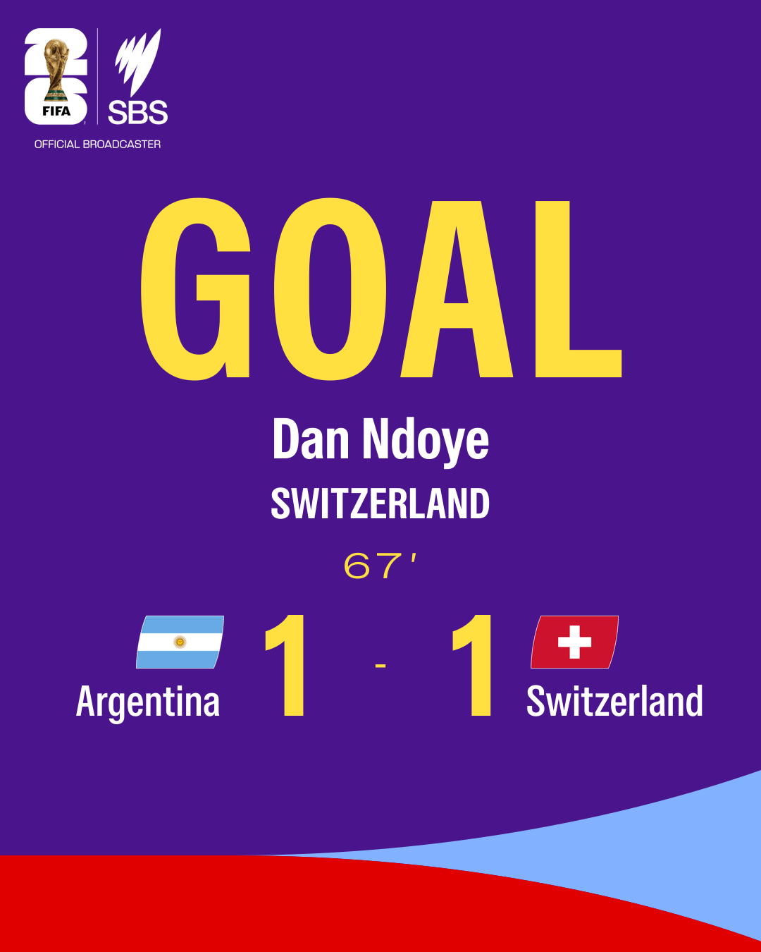 A colourful graphic showing a goal in the Argentina v Switzerland quarter final at the World Cup 2026.