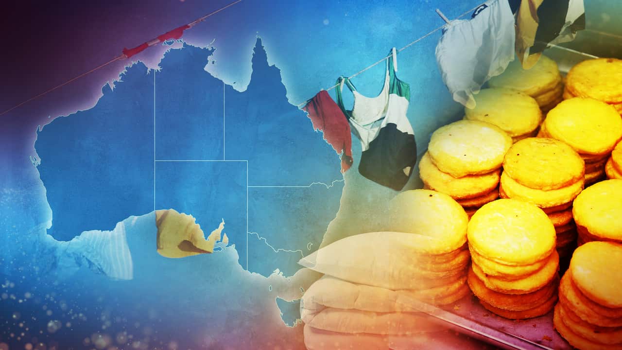 Graphic featuring a map of Australia, potato scallops, swimsuits and a duvet.