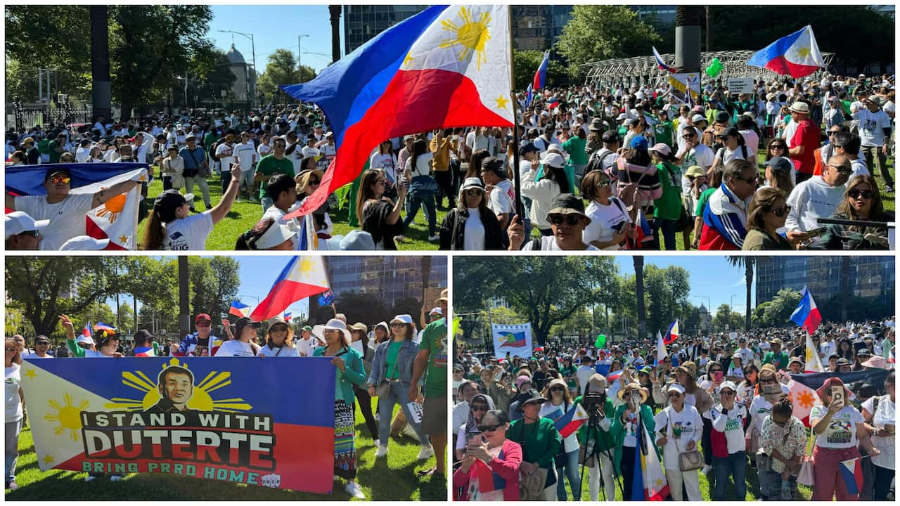 23 March 2025 - Supporters of former President Rodrigo Duterte gathered at the Parliament House Garden in Melbourne, Australia.