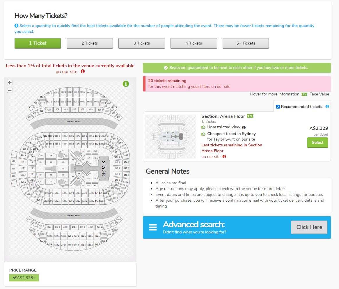 Screenshot of Taylor Swift's concert tickets for sale on Viagogo.