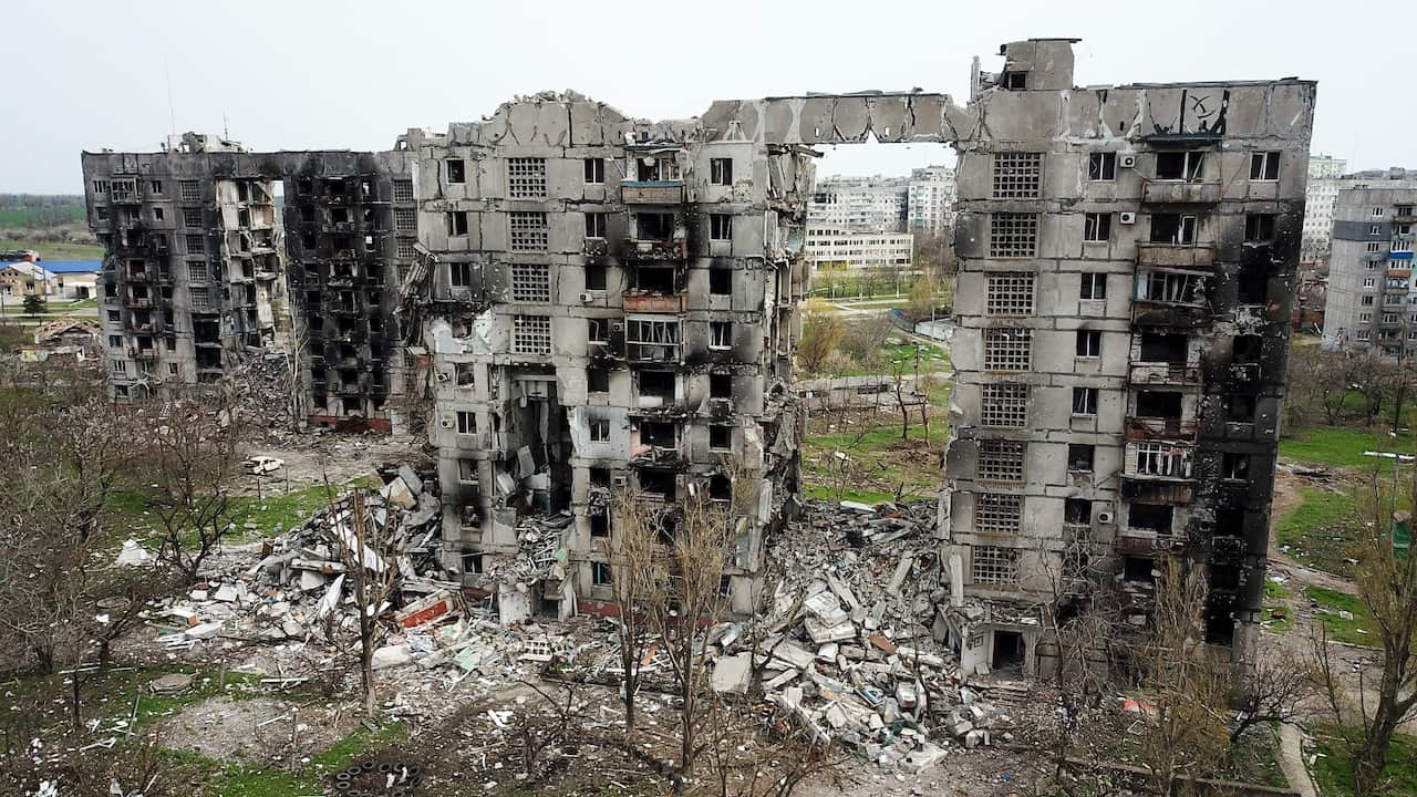 A panoramic view of buildings destroyed by shelling in the city of Mariupol on 23 April 2022.