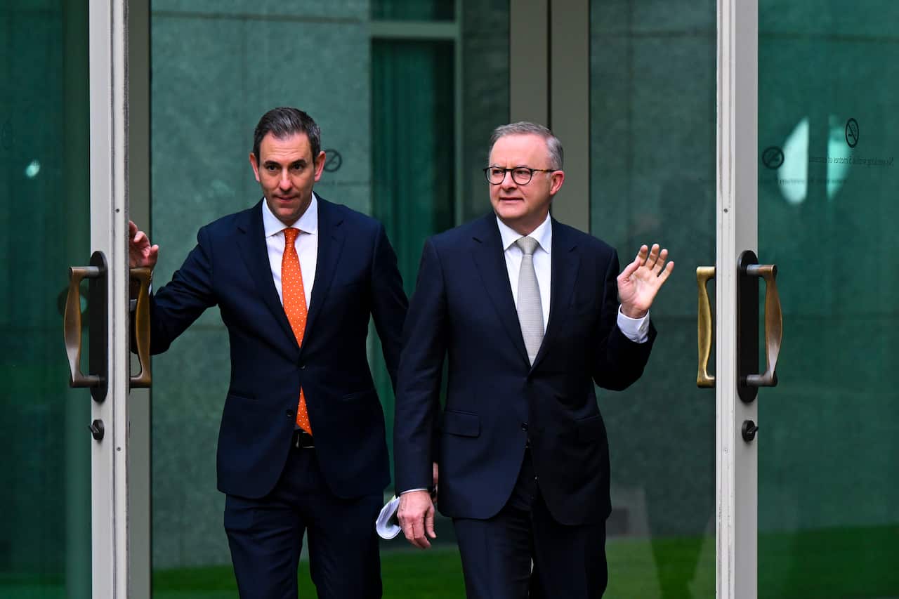 Australian Prime Minister Anthony Albanese (right) and Australian Treasurer Jim Chalmers arrive for morning TV interviews following the handing down of the 2022/23 federal budget.
