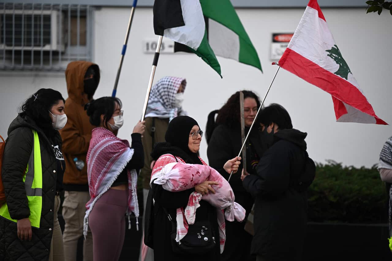 Protesters wearing keffiyehs and holding Palestinian and Lebanese flags