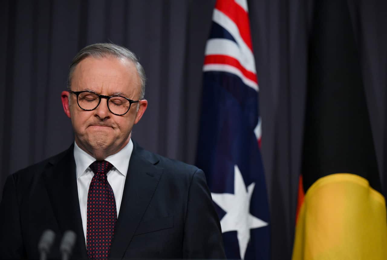 Anthony Albanese grimaces on Voice referendum night.