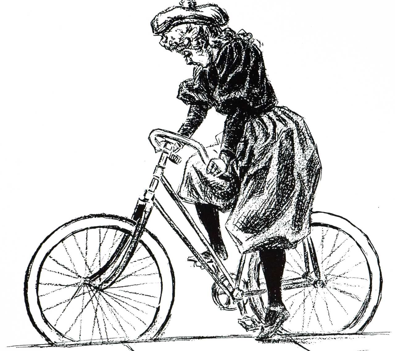 An engraving depicting a female cyclist wearing a 'rational' costume