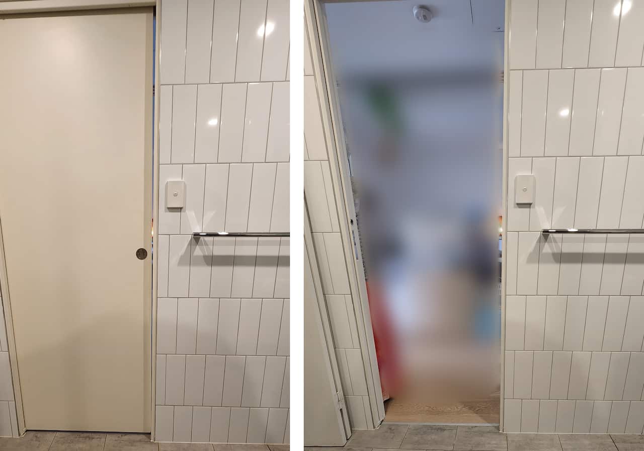 On the left, a bathroom door with the door slightly ajar. On the right, the same door open with bathroom blurred inside.