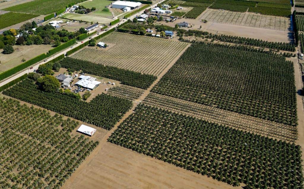 An aerial view shows the flood damage left by Cyclone Gabrielle in the Esk Valley near Napier, New Zealand.