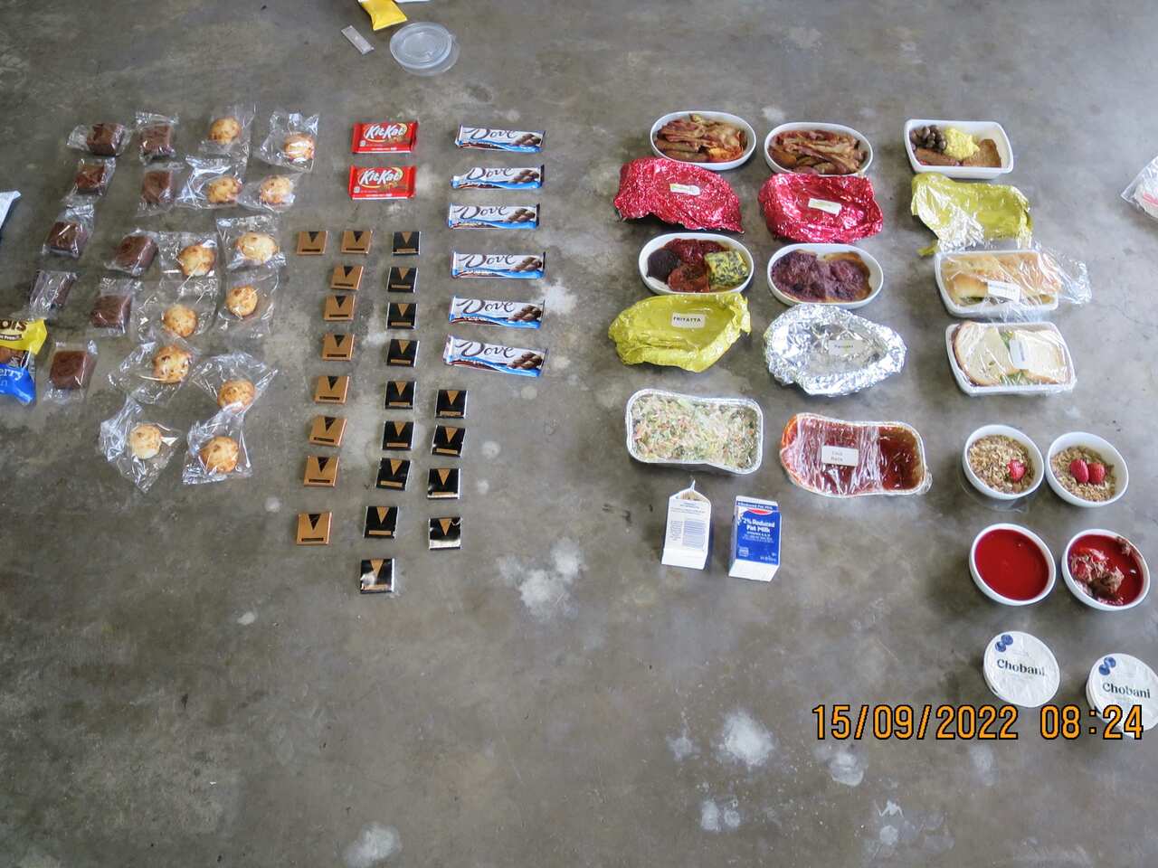 Plane food items laid out on the ground.