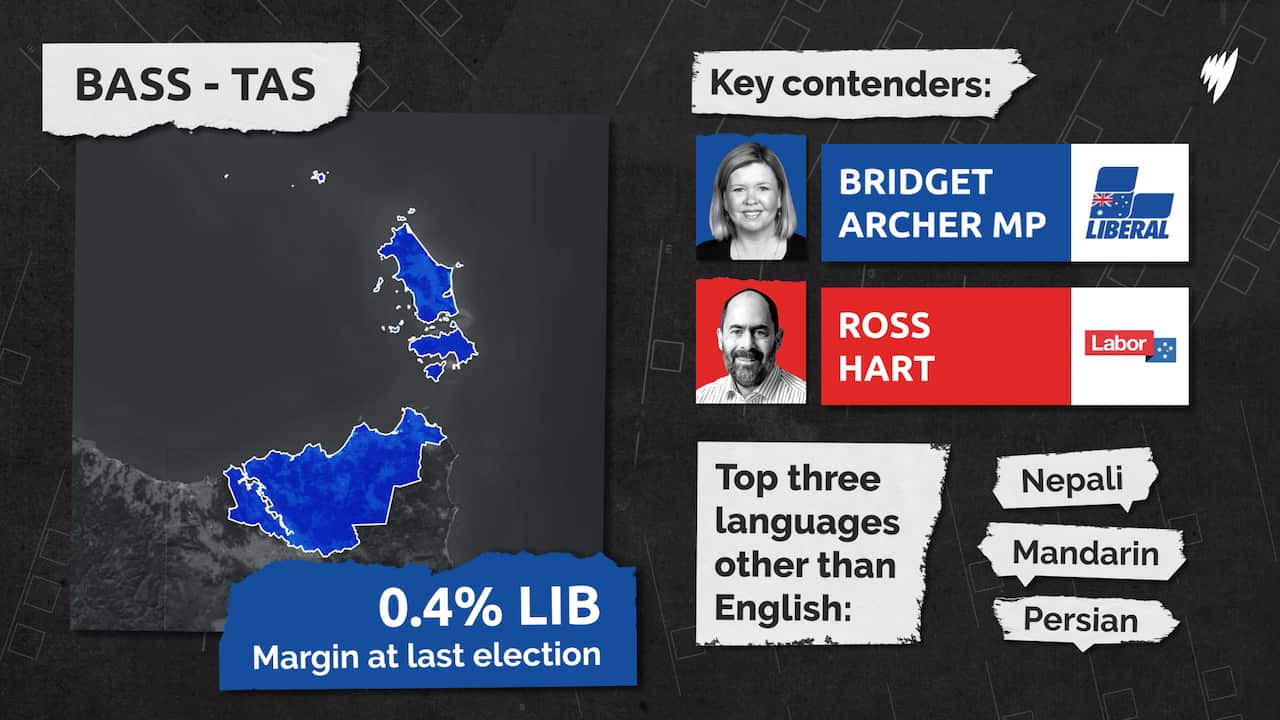 Snapshot of Bass electorate showing it held by Liberal party with 0.4% margin