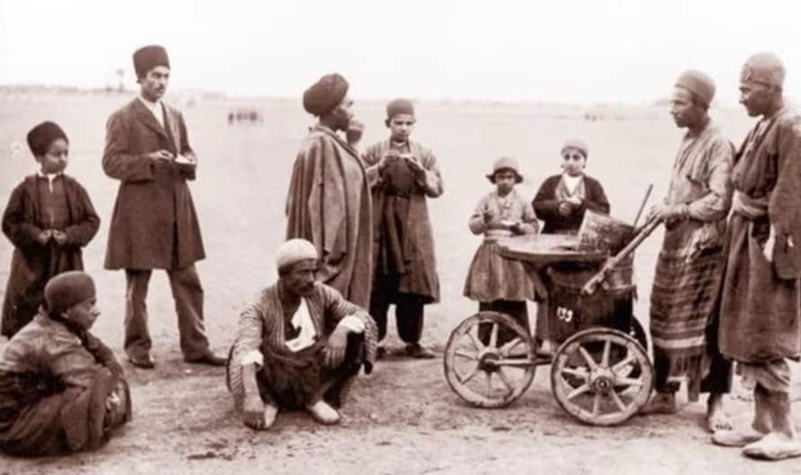 Persian gelato vendors sell from a wagon more than 100 years ago.