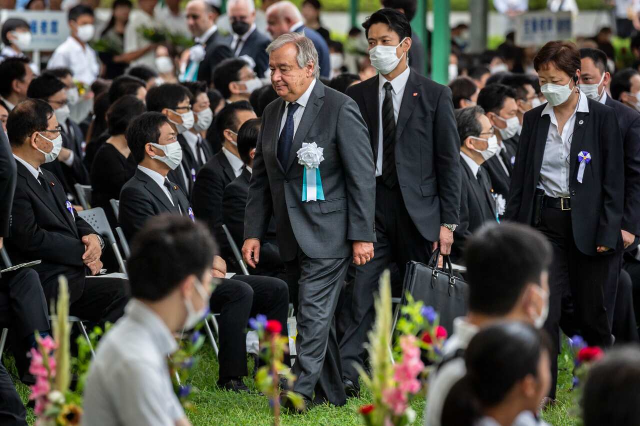 United Nations Secretary General Antonio Guterres (centre) attends the Hiroshima Peace Memorial Ceremony on 6 August, 2022 in Hiroshima, Japan. 