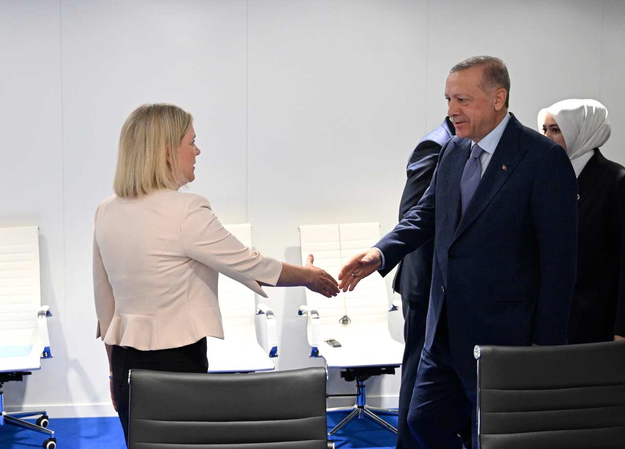 Magdalena Andersson and Recep Tayyip Erdogan shake hands
