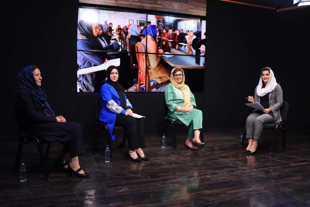 Roya Dadras (second from the left) sat alongside two other government officials on a panel discussion at Zan Tv in Afghanistan.
