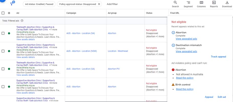 Screenshot of an ad for abortion services which was not allowed in Australia