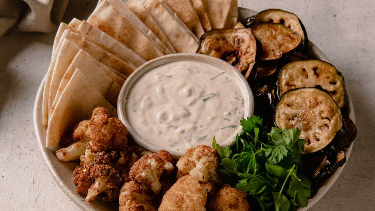 Fried eggplant and cauliflower with tahini sauce