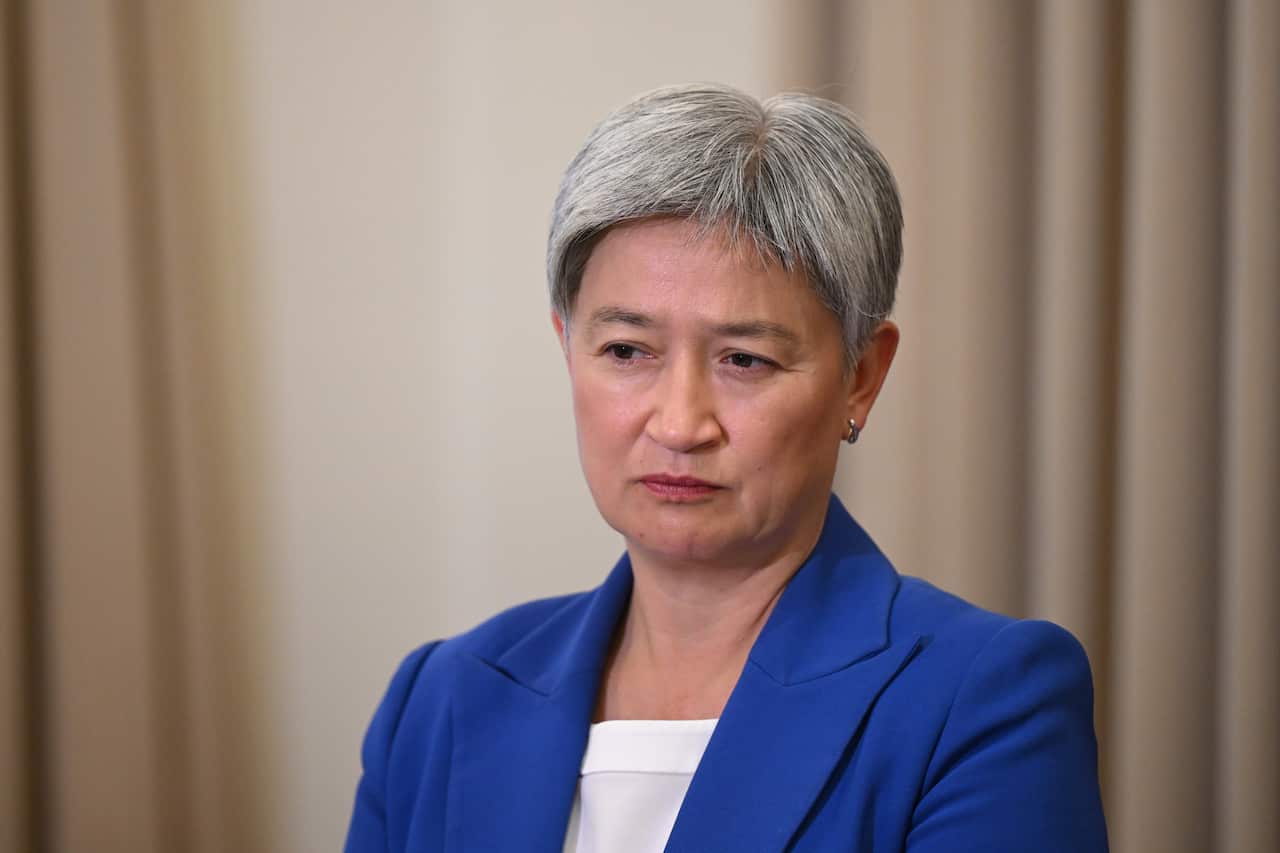 Australian Foreign Minister Penny Wong speaks to the media during a press conference