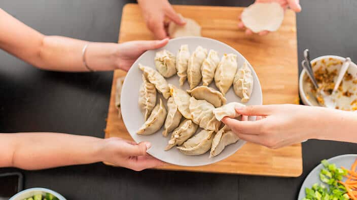 High angle view of Jiaozi on plate