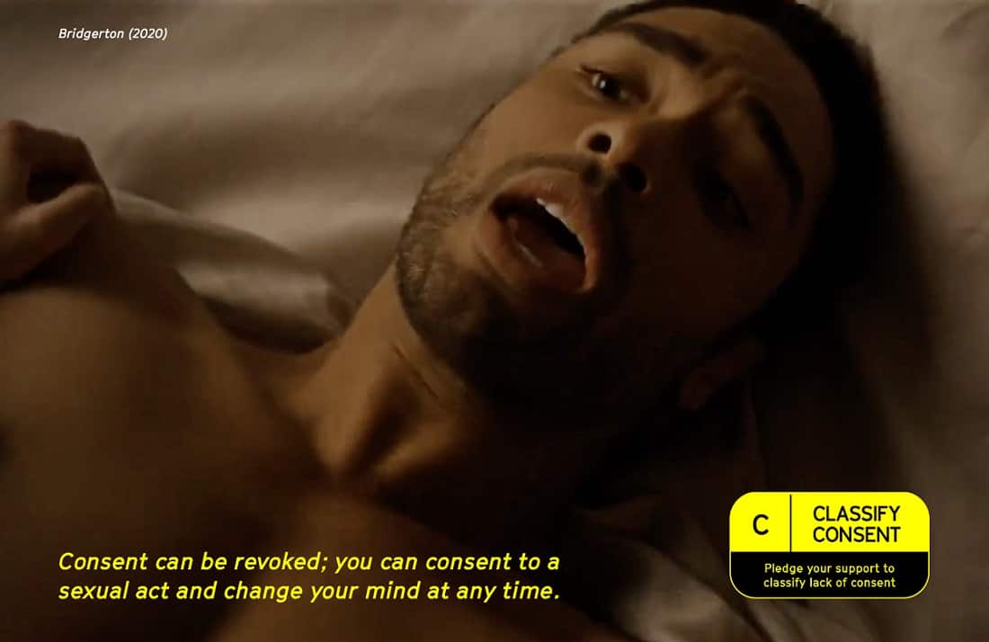 A man's face. A consent warning reads: 'Consent can be revoked: you can consent to a sexual act and change your mind at any time.'