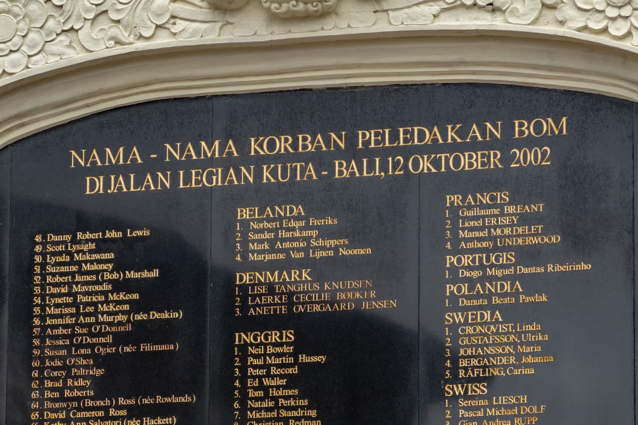 Names engraved on a memorial in Kuta, listing those who died in the bombings.