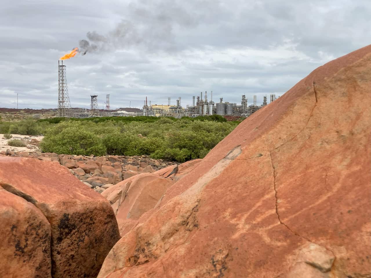 A close-up of a rocky surface with a drawing of a turtle, with a gas plant visible at a distance.