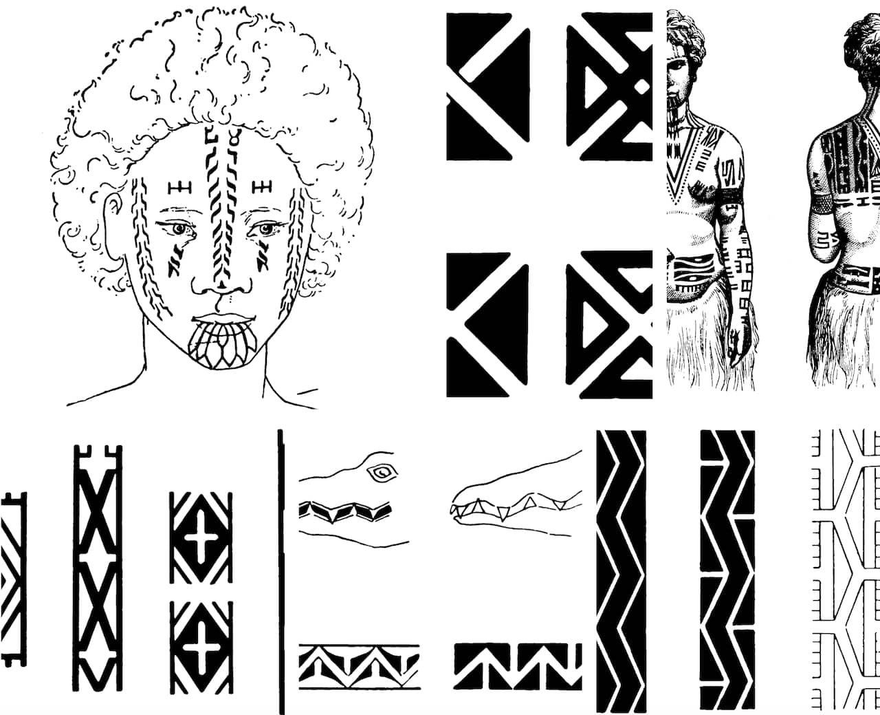 Illustrations of black markings on a person's face and body