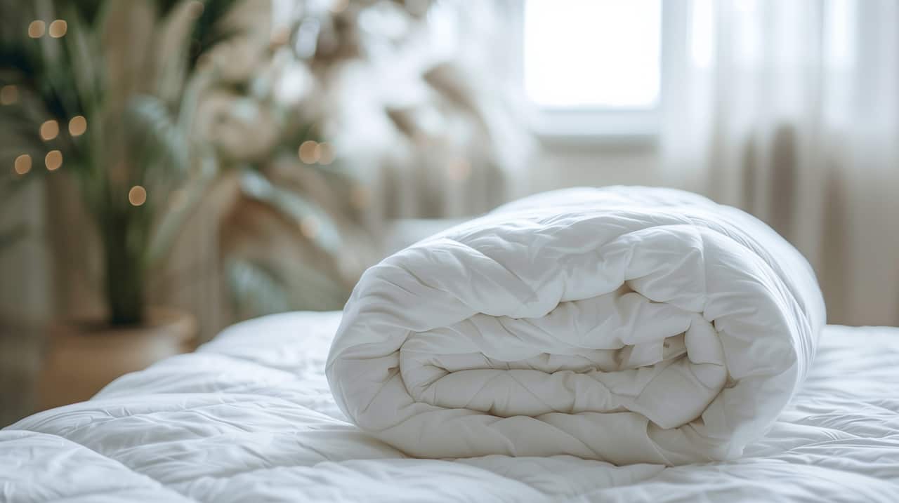 bed with pillows white duvet