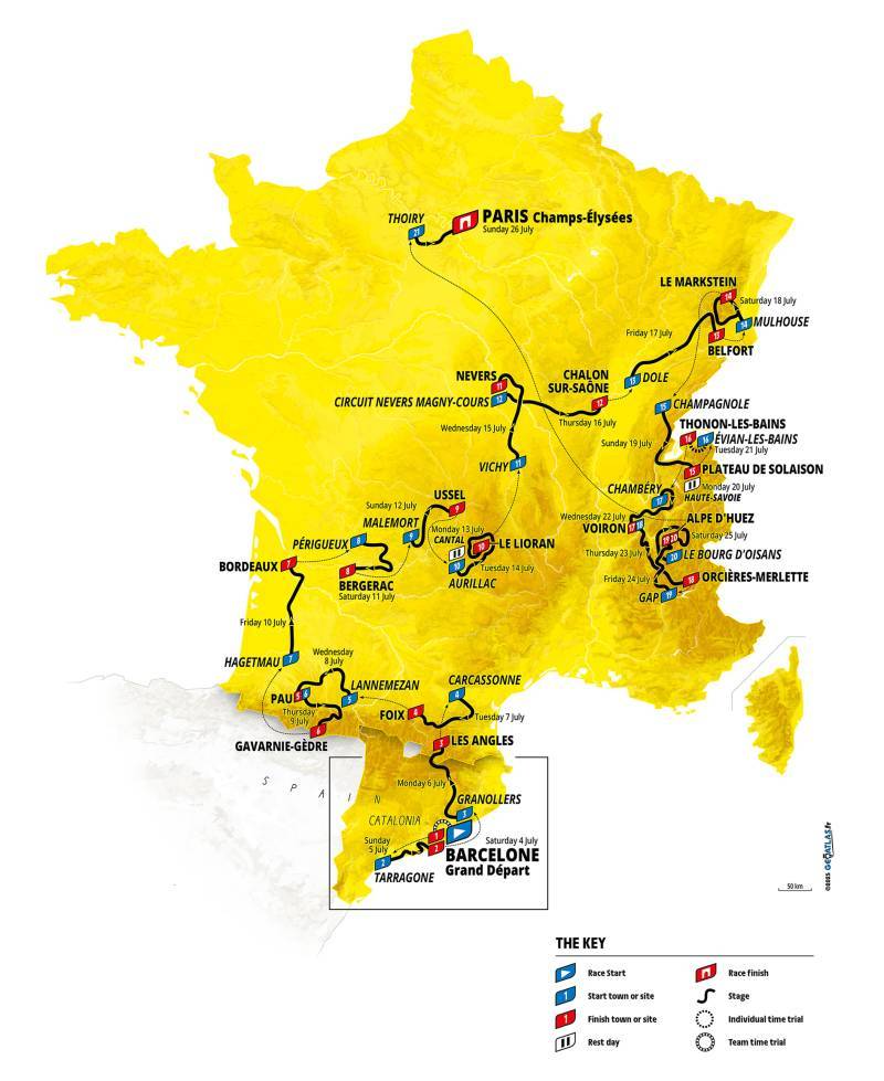 A yellow map showing the route for Tour de France