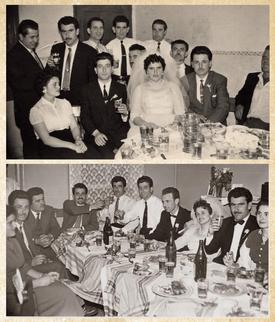 Two black-and-white vintage photographs of a wedding reception, showing the bride and groom seated at tables surrounded by family and friends. In the top photo, the bride wears a veil and pearl necklace beside the groom in a dark suit, with guests standing and seated around them. In the bottom photo, the newlyweds sit among a larger group of guests, who are eating, drinking and celebrating.