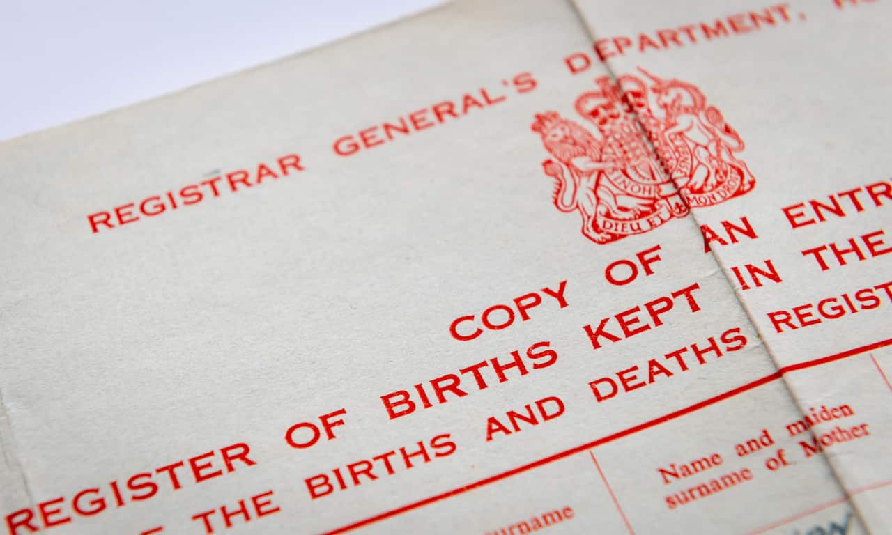 Close up of a birth certificate.