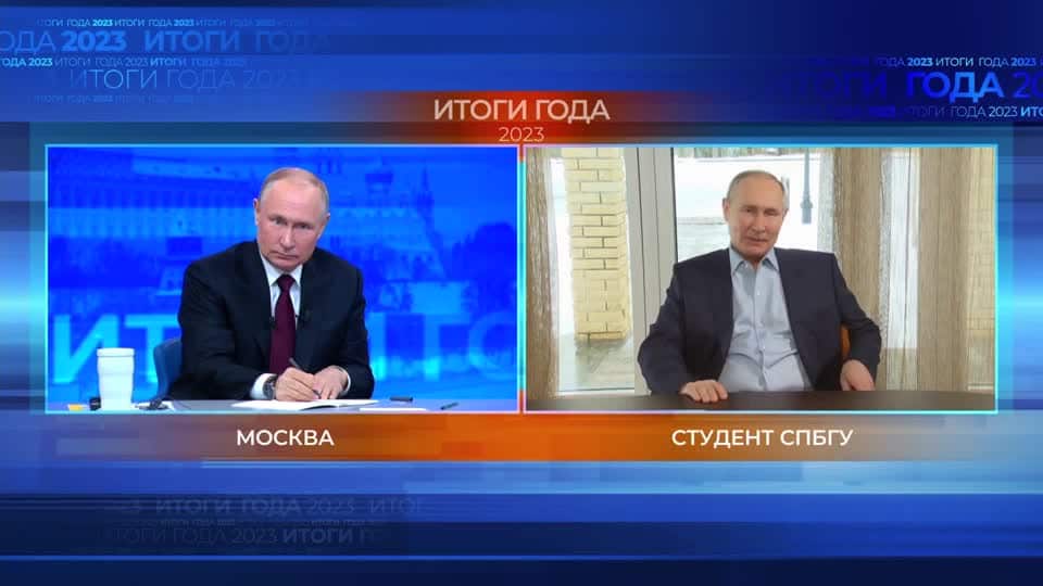 A screen grab of a video broadcast. On the left is Russian President Vladimir Putin. On the right is an artificial intelligency-generated version of him.