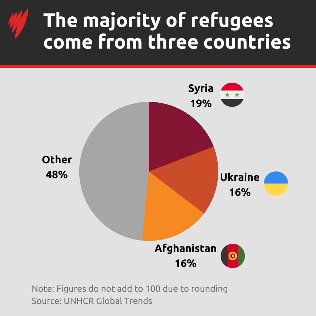 A pie chart showing the majority of refugees are fleeing Syria, Ukraine and Afghanistan.