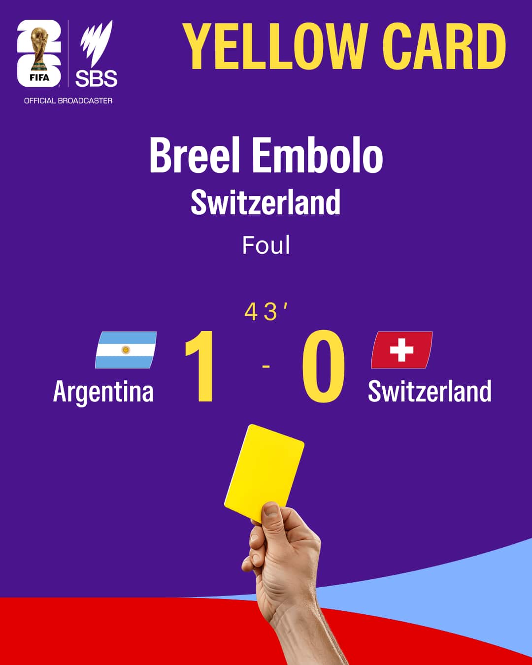 Colourful graphic showing a yellow card from Argentina v Switzerland in the World Cup 2026 quarter finals.