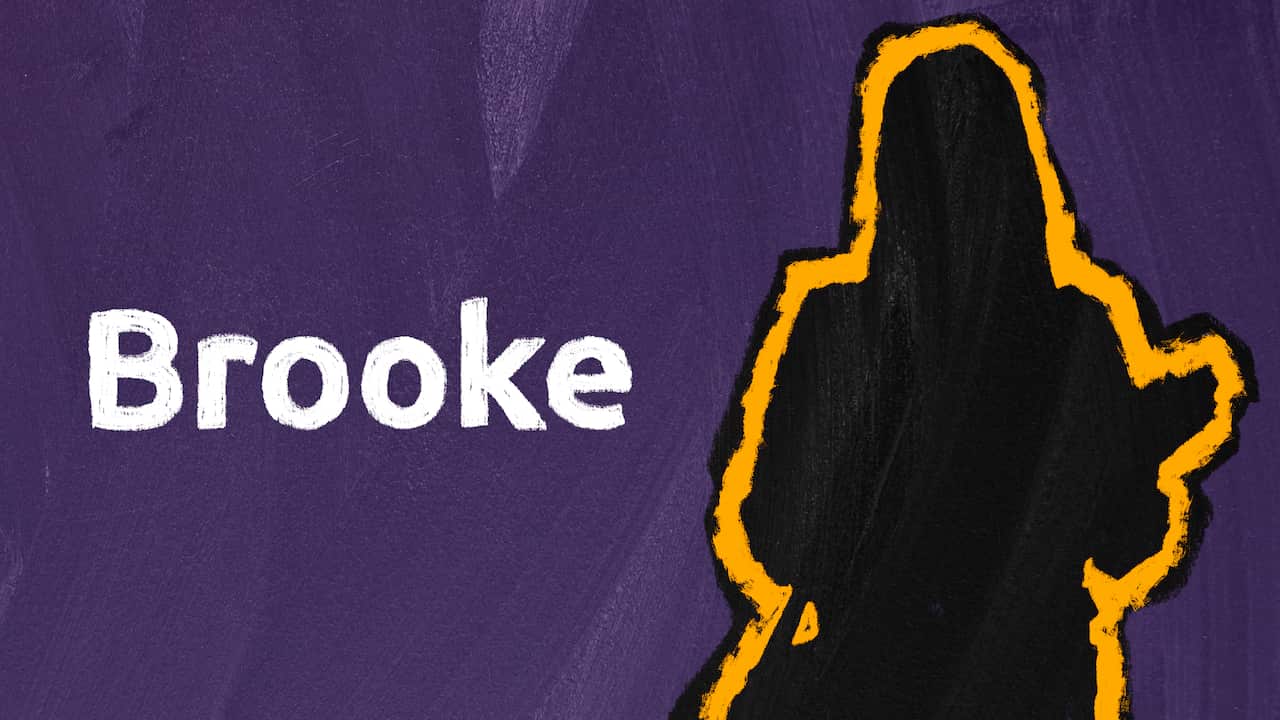 A purple and yellow graphic depicting the silhouetted outline of a woman named Brooke.
