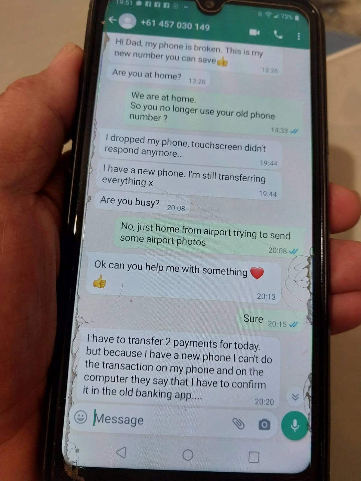 Hi Dad 詐騙信息，對方用語親切。