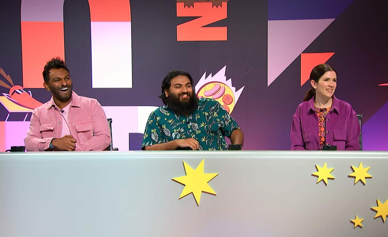 Comedians Nazeem Hussain, Suraj Kolarkar and Becky Lucas on the panel of quiz show Patriot Brains.jpg