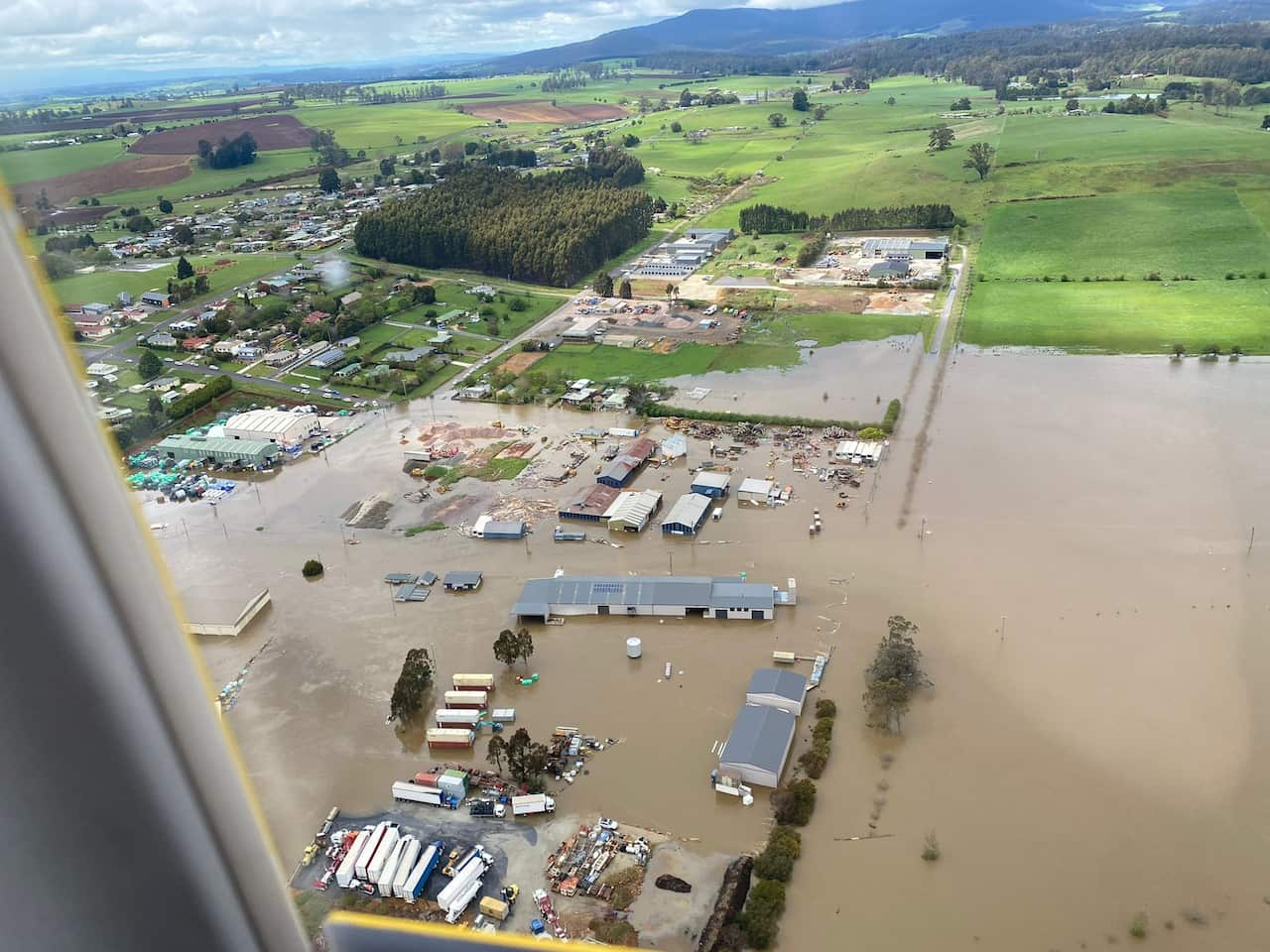 An aerial view of flooding in the Tasmanian town of Deloriane