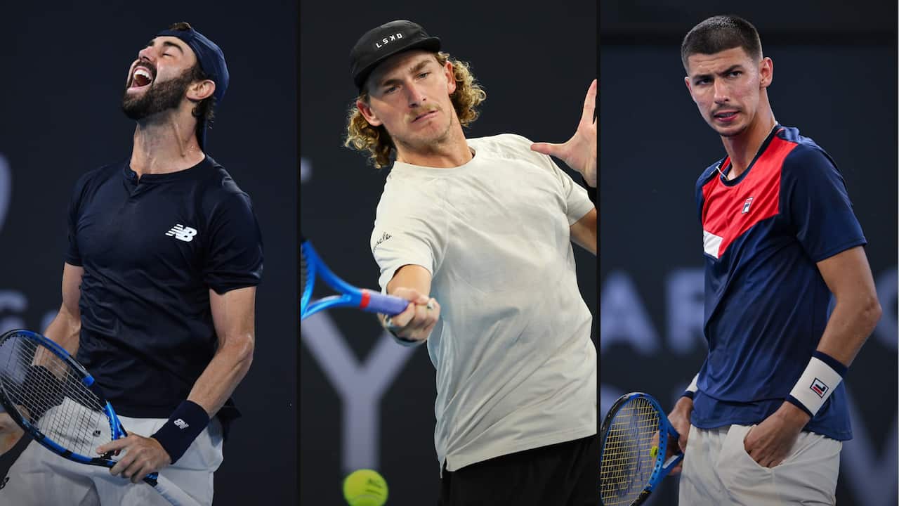 Three photos of Australian male tennis players competing in the Australian Open opening round.