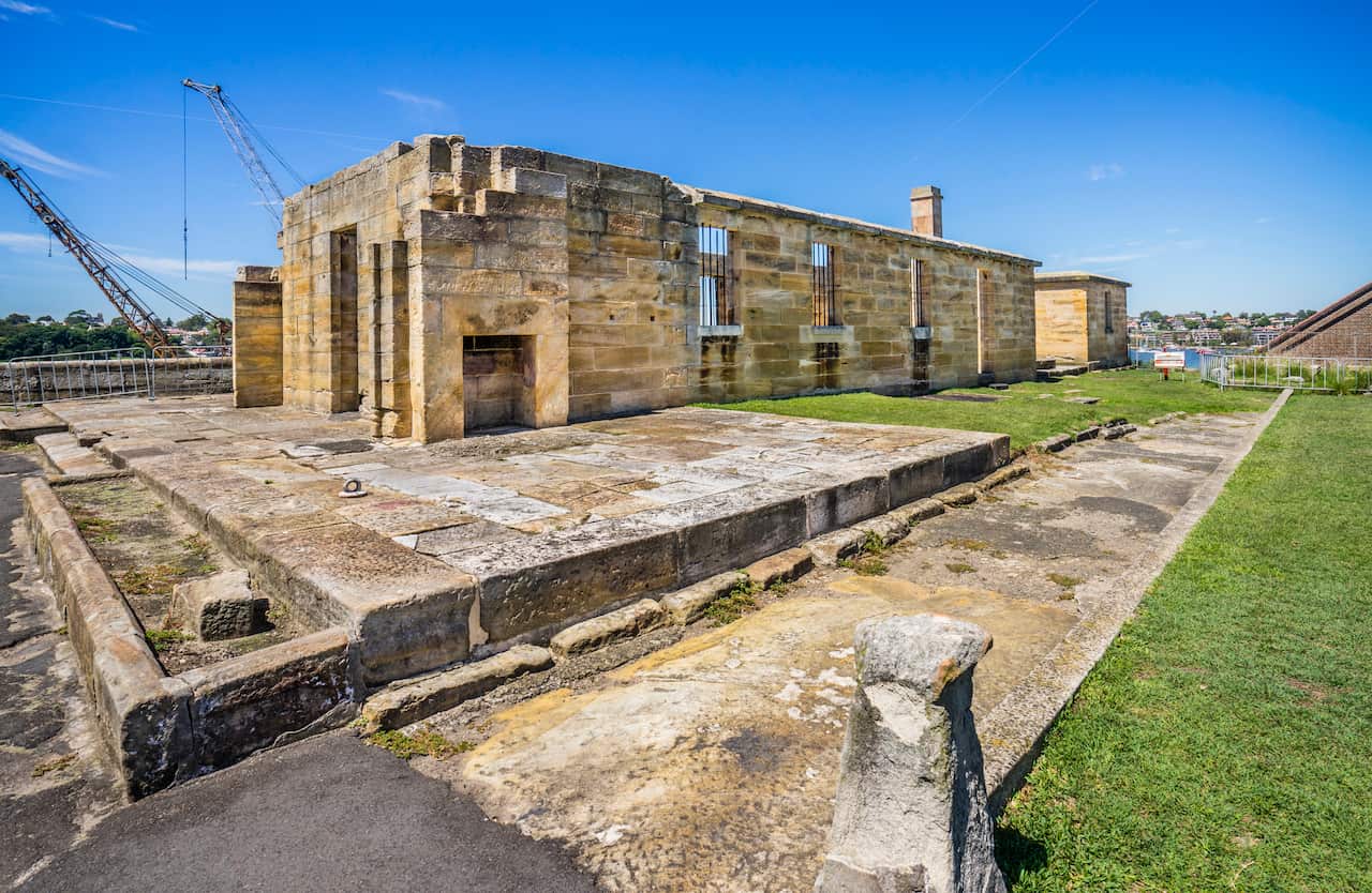convict built sandstone buildings Cockatoo Island shipyard heritage site, Sydney Harbour