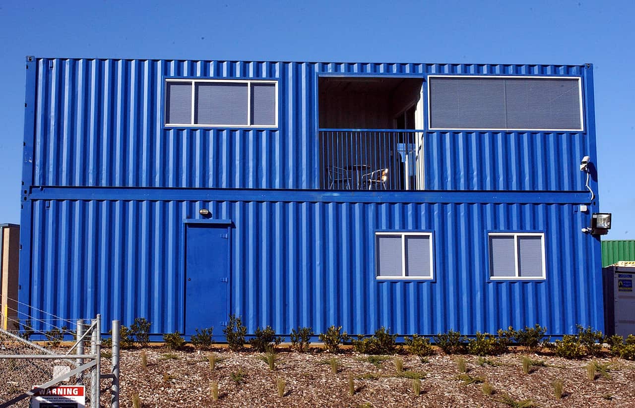 A three bedroom, two storey mobile home that is made from four 13-metre shipping containers on show at the Royal Wolf Trading company in Sydney today.