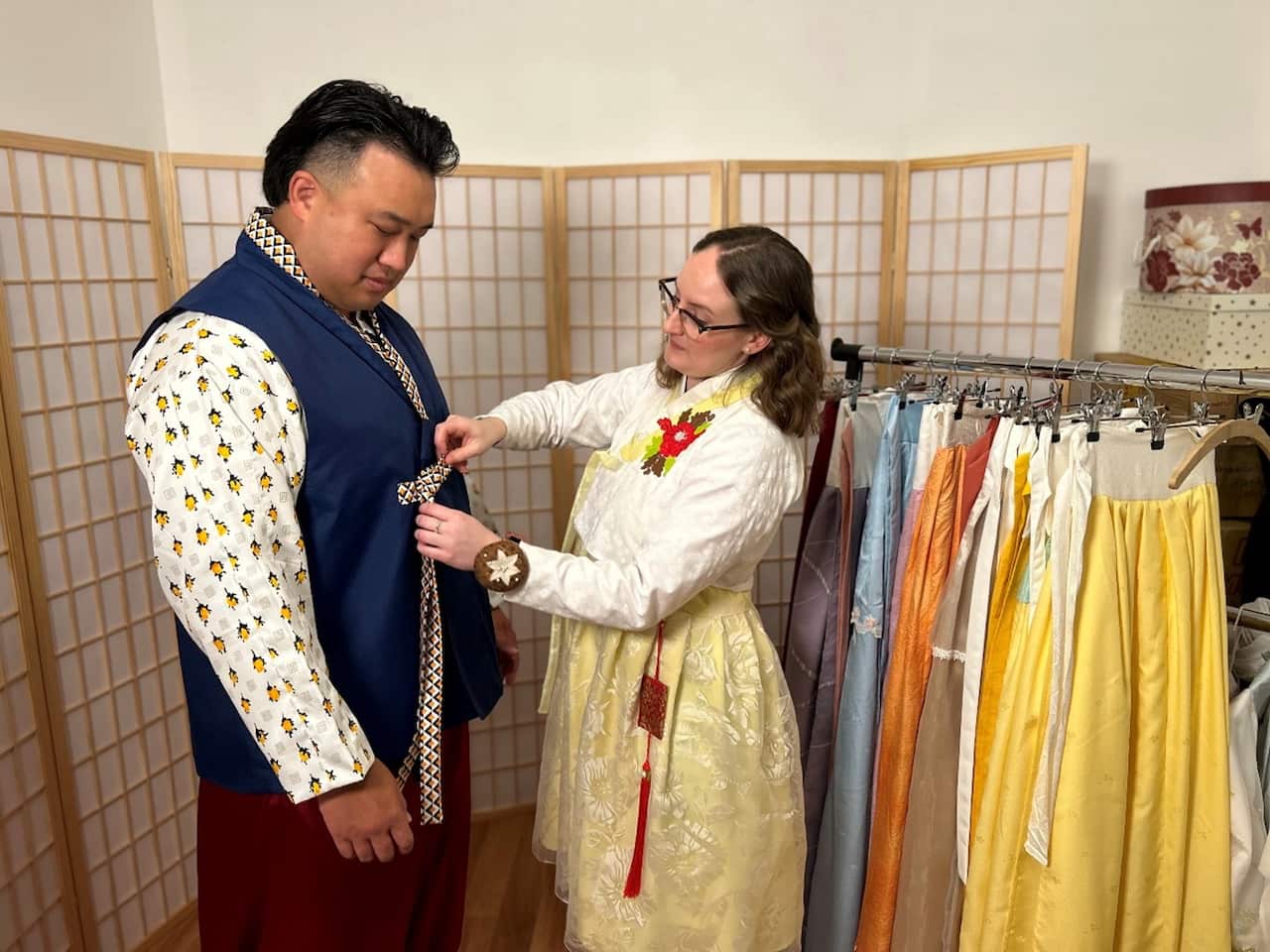 Dean Kim ordered a custom-made hanbok from Miranda Day. Source: SBS News / Scott Cardwell