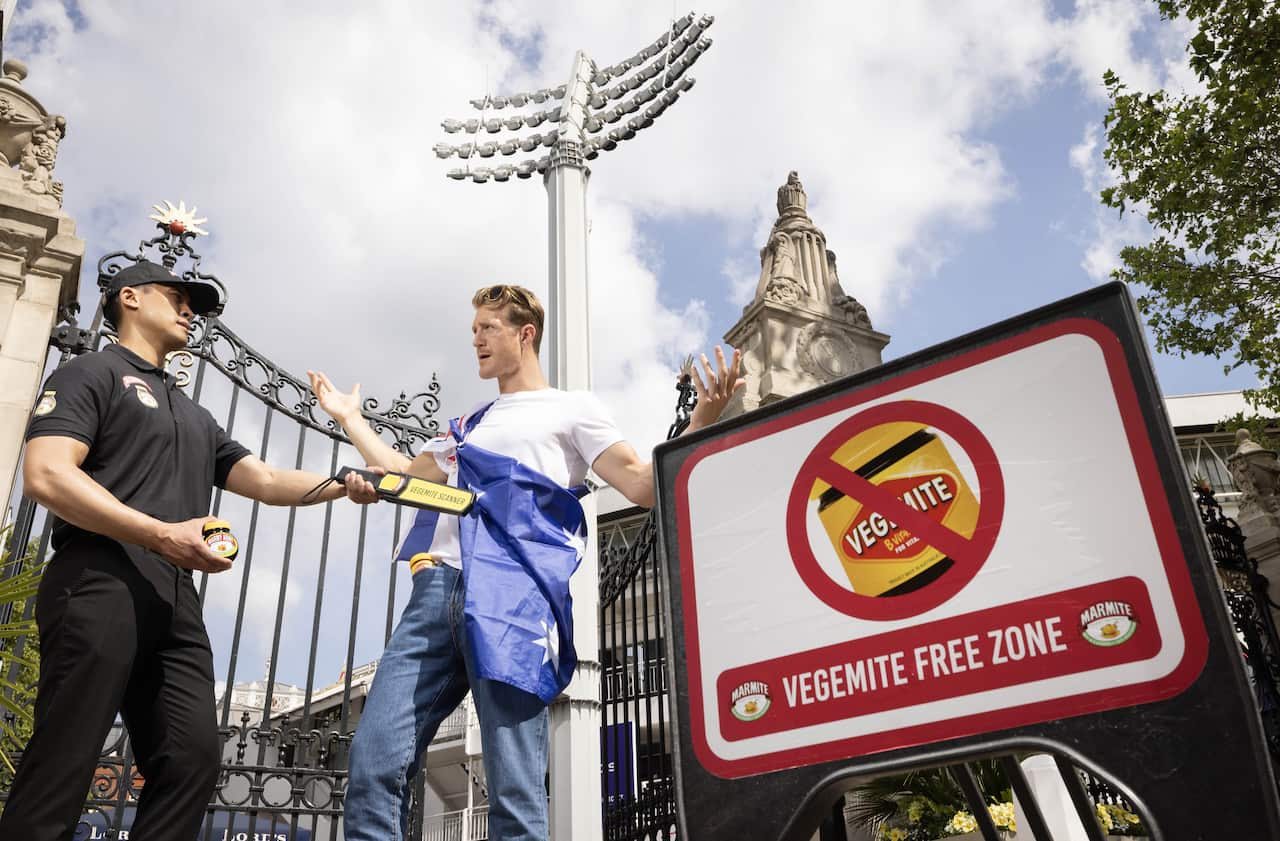 A 'Marmite security officer' scans an Australian cricket fan in search of Vegemite, reigniting the longstanding rivalry ahead of the second Ashes test match at Lord's Cricket Ground, London