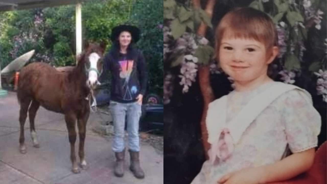 a side-by-side image of left: a photo of a young woman posing next to her brown horse, right: a girl child with brown hair smiling in front of flowers