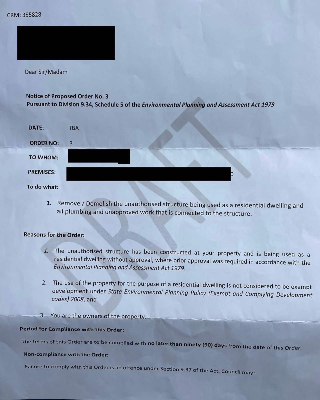 A letter saying Manu has to remove or demolish his tiny home 