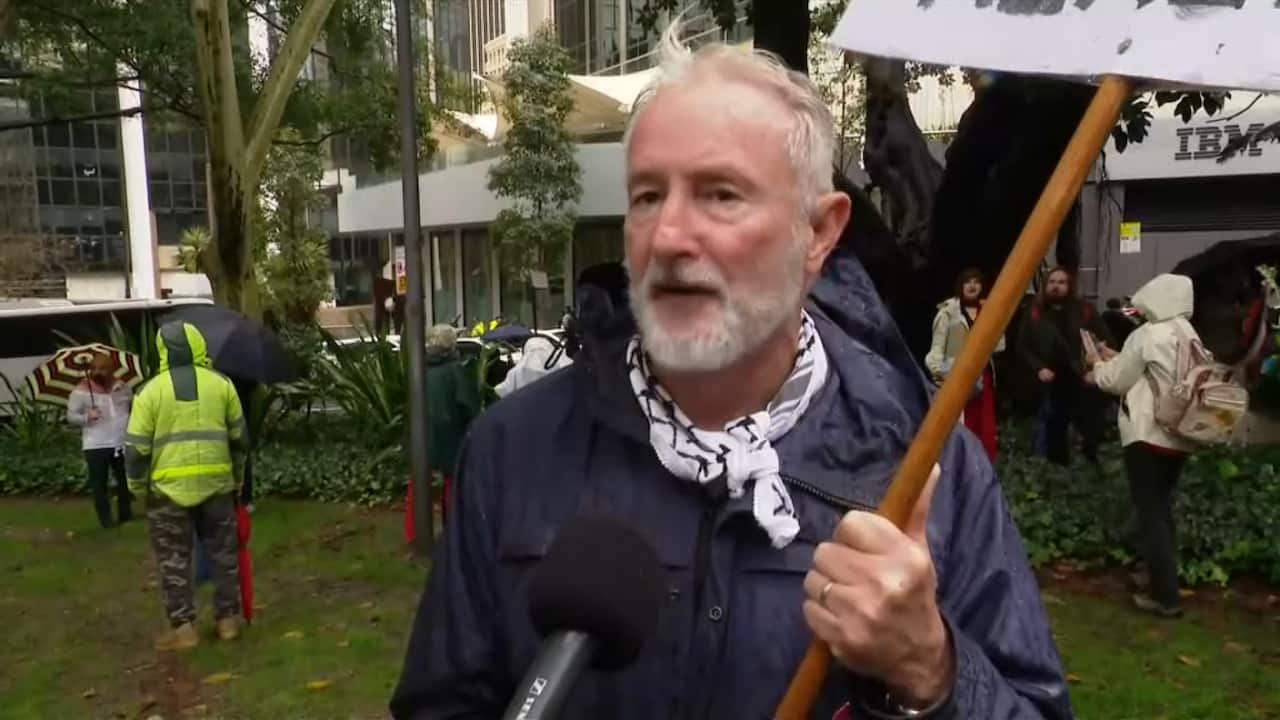 A man in a dark blue parka wearing a black and white Palestinian keffiyeh patterned scarf stands with a flag in his hand.